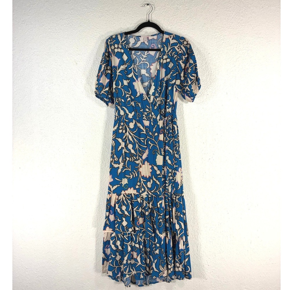 Knox Rose Blue Floral Tiered Midi Dress Short Puff Sleeve Boho Surplice Small‎